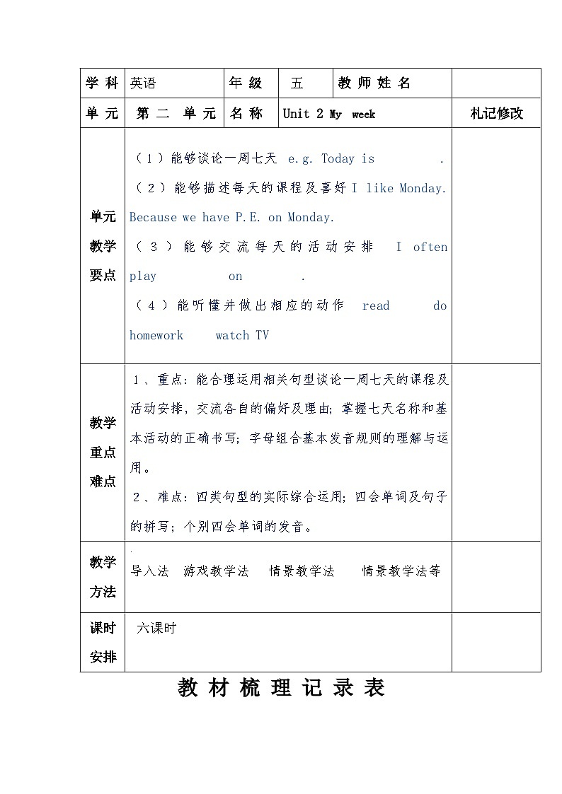 单元备课 知识点（素材）人教PEP版英语五年级上册第2页