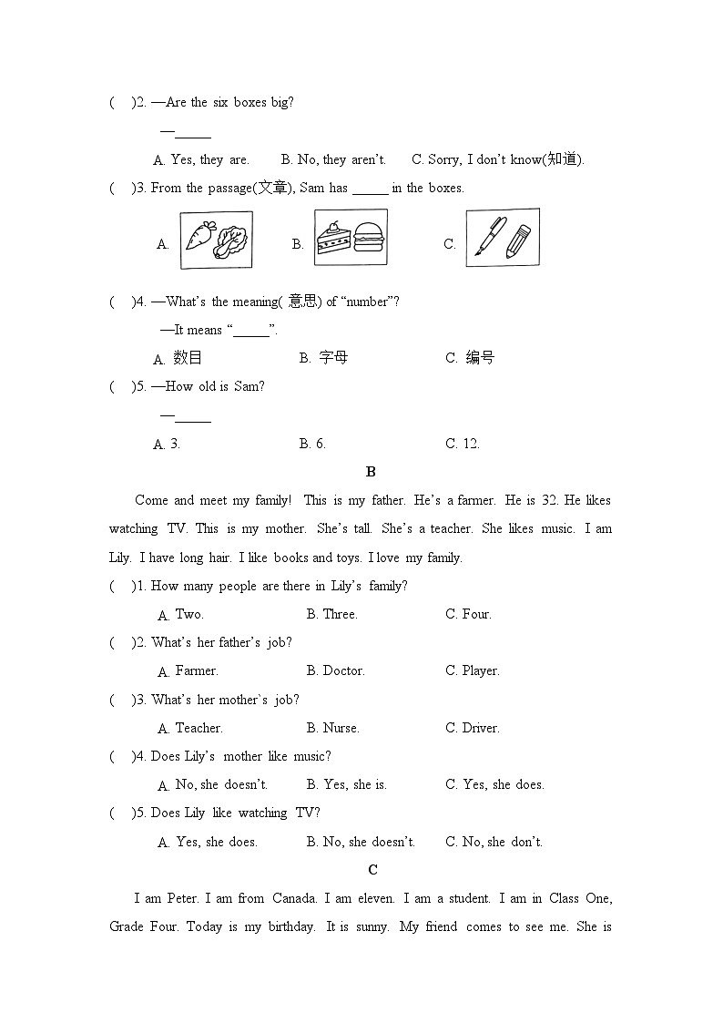 四年级英语上册期末复习专项训练—阅读理解02