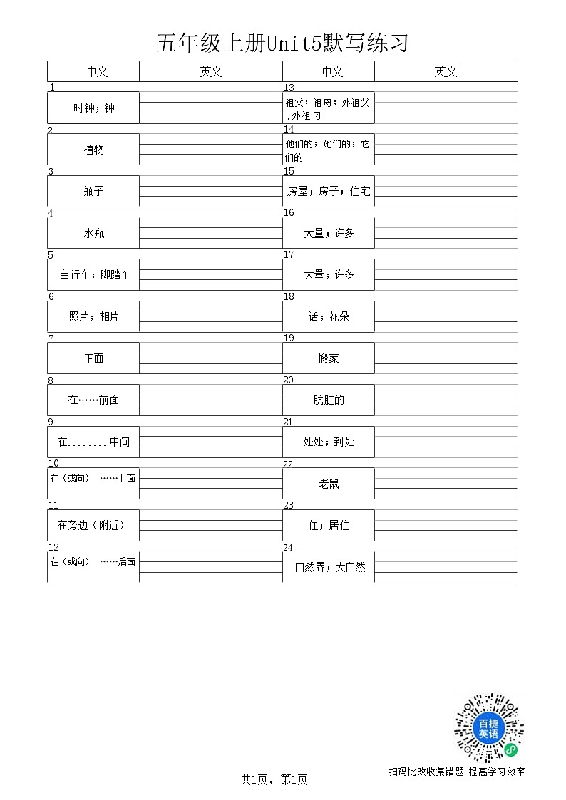 2023-2024学年五年级英语上册期末复习专项训练—单词英汉互译01