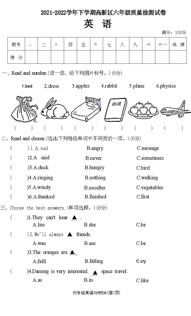 河南省平顶山市高新区2021-2022学年六年级下学期期末英语试题第1页