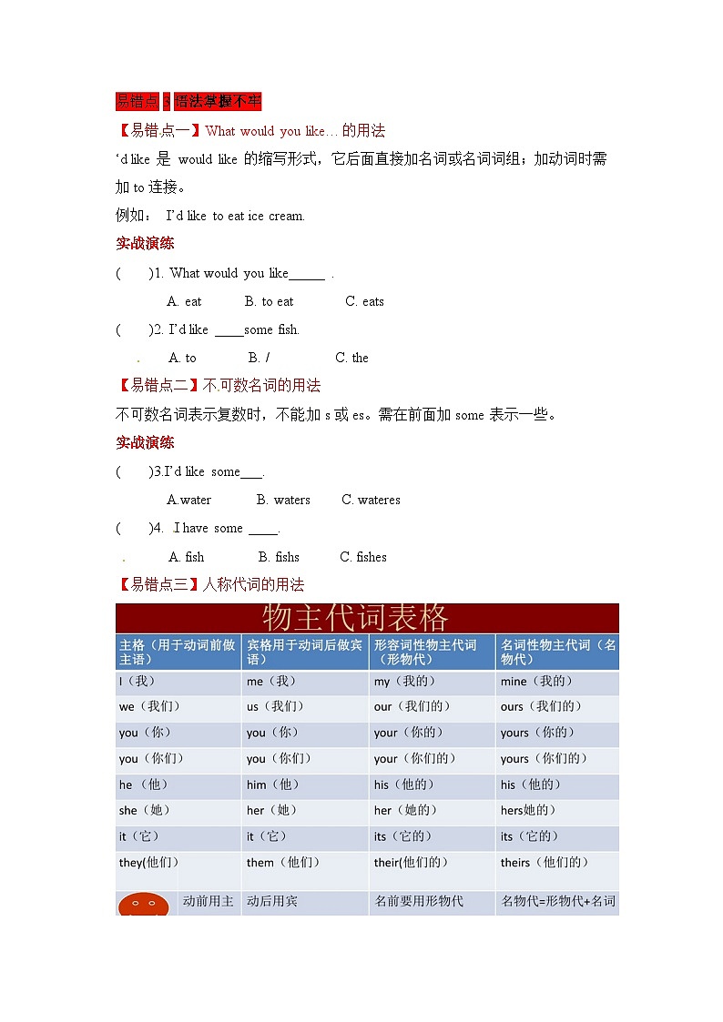 五年级上册英语讲义-Unit 3 What would you like02