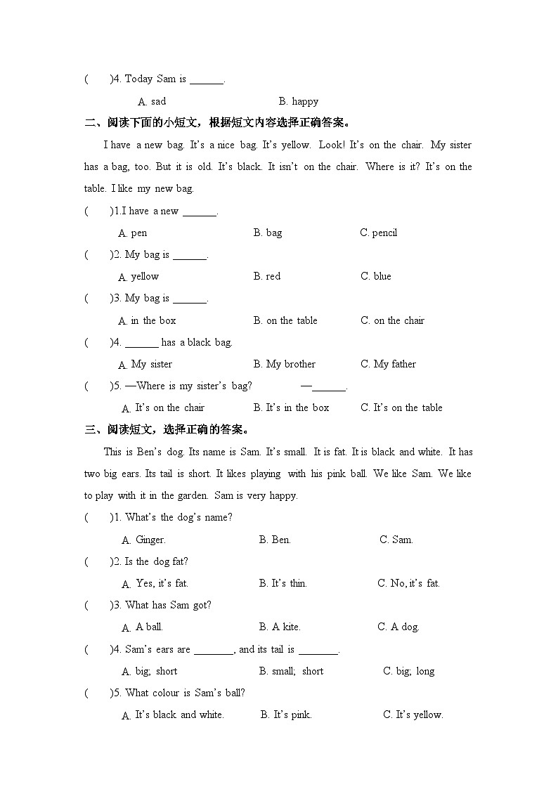 【期末复习】人教pep版 2023-2024学年三年级英语上册期末复习 专题04 阅读理解-专项训练02
