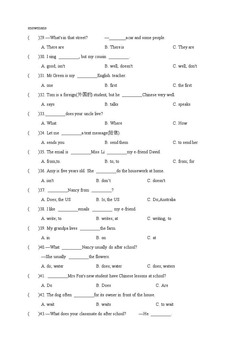 【期末复习】（译林三起）2023-2024学年五年级英语上册期末专题复习 专题06 单选100题精练 (含答案)第3页