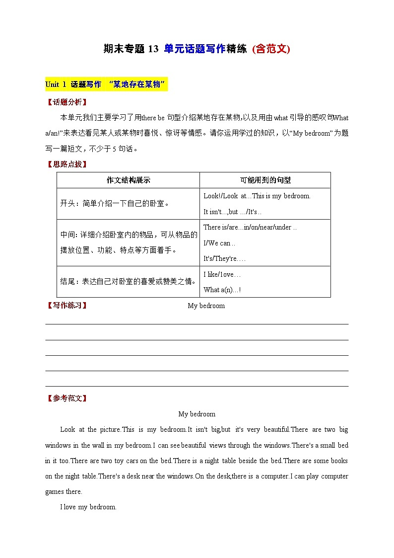【期末复习】（译林三起）2023-2024学年五年级英语上册期末专题复习 专题13 Unit 1-Unit 8单元话题写作精练(含范文)01