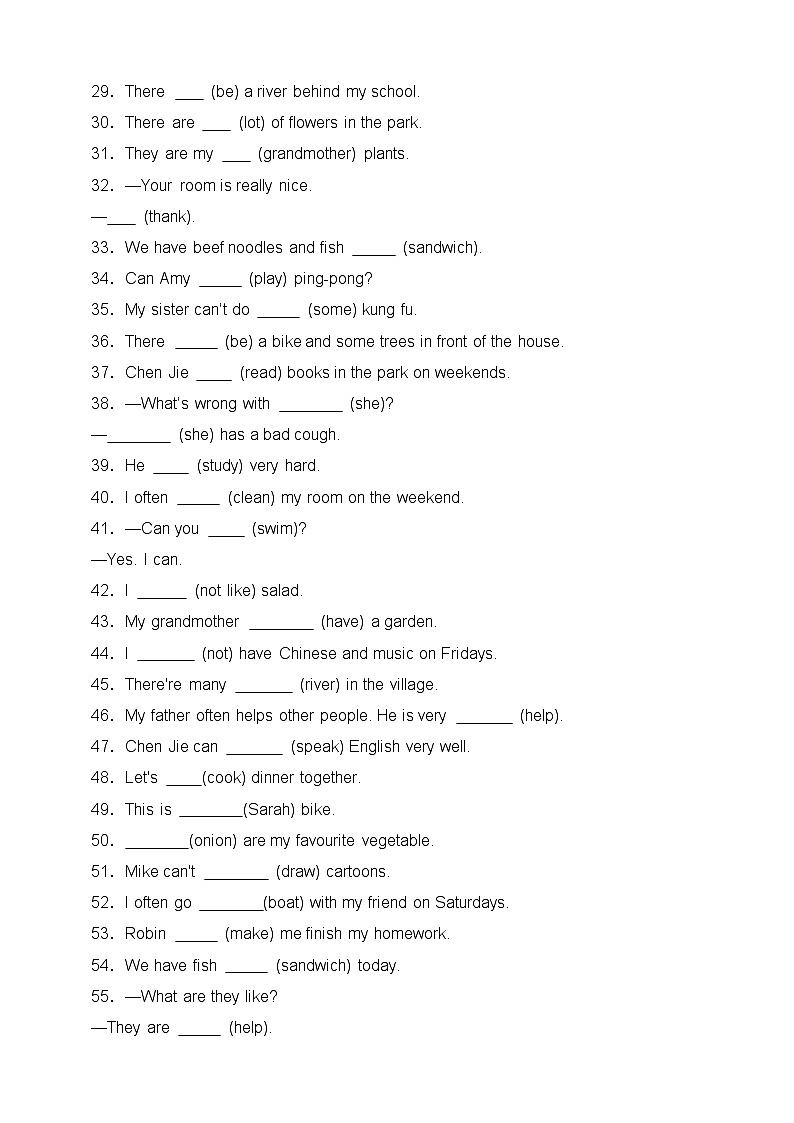 【期末复习】（人教PEP版）2023-2024学年 小学英语 五年级上册 期末专项（三）-用所给词的适当形式填空 训练（含答案）02