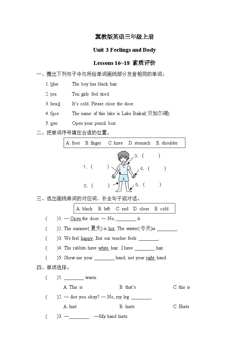 冀教版英语三上 Lessons 16~18 素质评价（测评含答案）第1页