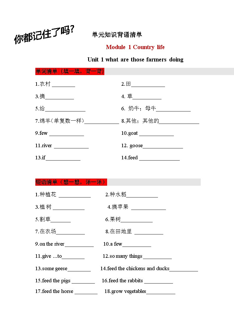 【挖空式】六年级上册英语单元知识背诵清单-Unit 1 What are those farmers doing 教科版（广州） 含答案第1页