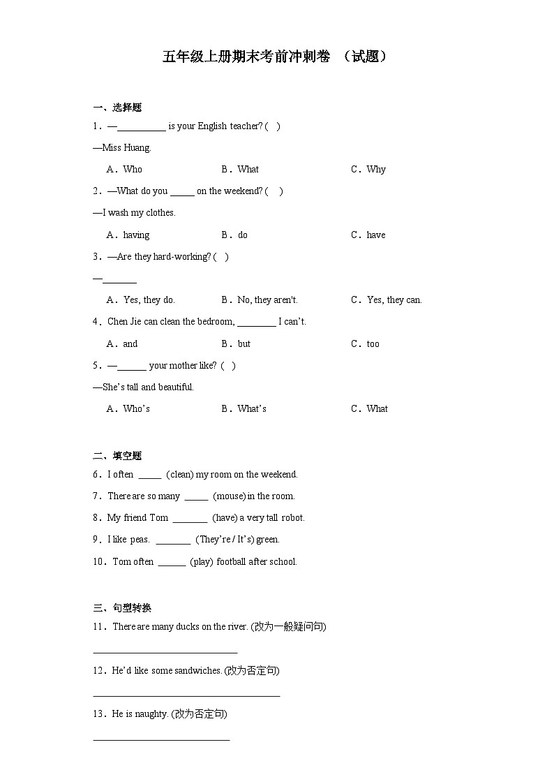 期末考前冲刺卷（试题）人教PEP版英语五年级上册第1页