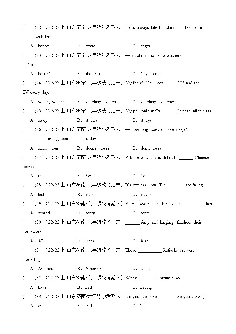 专题03语法单选-2023-2024学年六年级英语上册期末备考真题分类汇编（山东地区专版）第3页