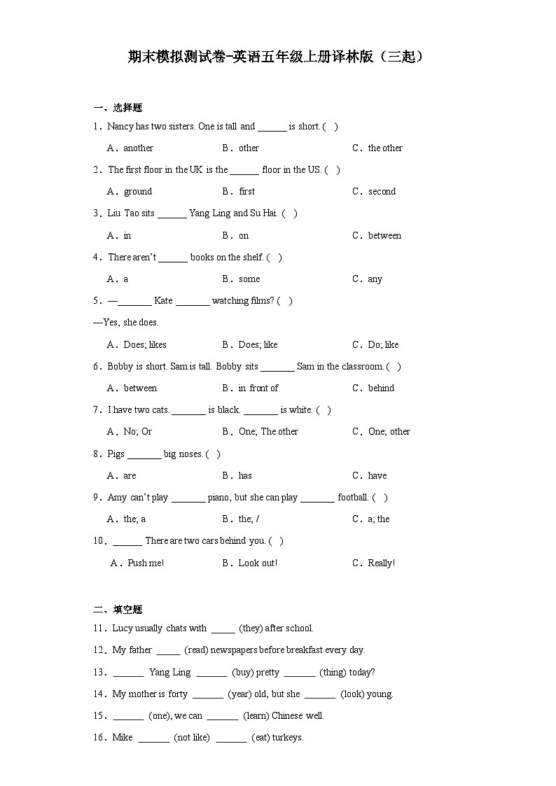 期末模拟测试卷（试题）译林版（三起）英语五年级上册第1页