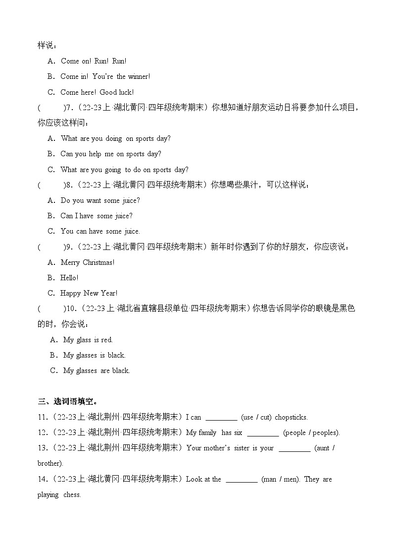 专题02句型语法-2023-2024学年四年级英语上册期末备考真题分类汇编（湖北地区专版）02