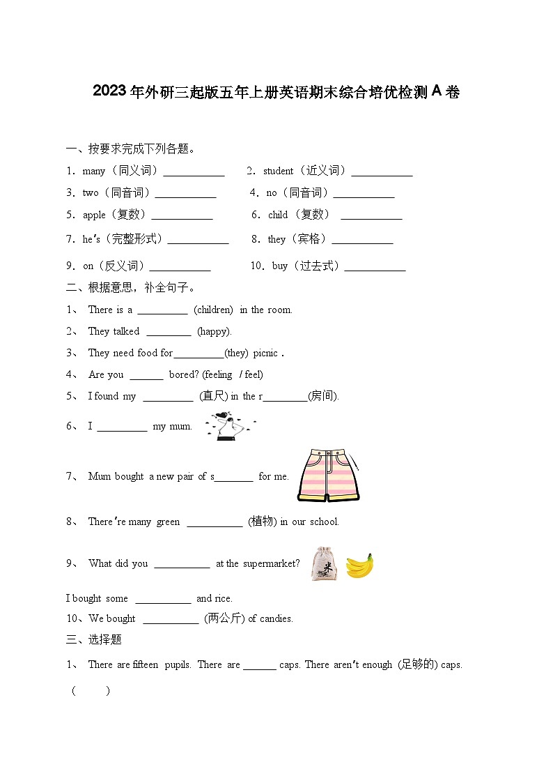 期末综合培优检测卷（试题）外研版（三起）英语五年级上册01