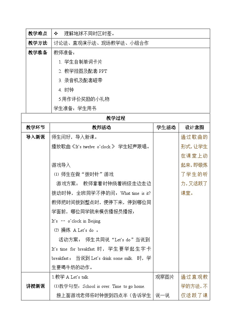 【核心素养】人教版PEP小学英语四年级下册 Unit 2《What time is it》PA let’s learn 教案第2页