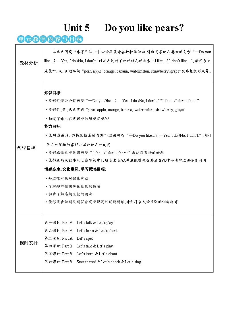 Unit 5 Do you like pears  Part A 第一课时 教案第1页