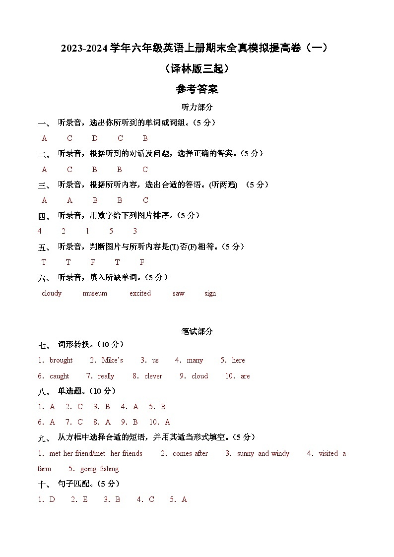 2023-2024学年六年级英语上册期末全真模拟提高卷（一）（译林版三起）A3版01