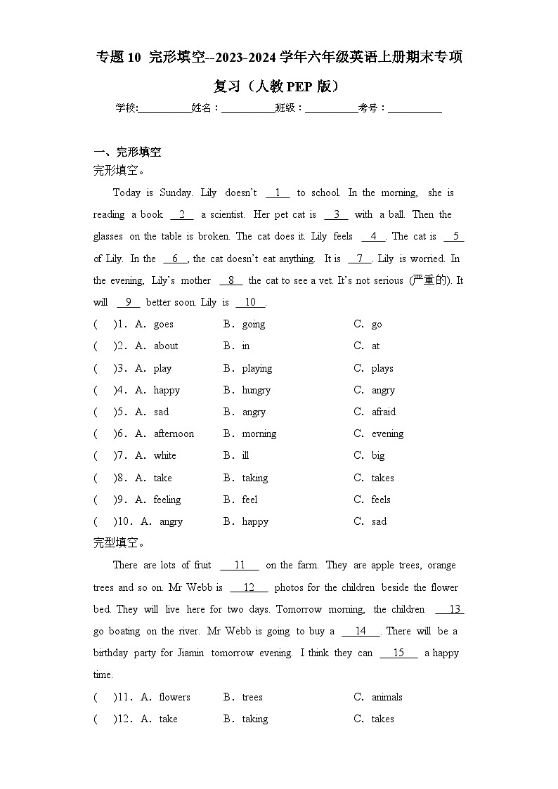 专题10 完形填空--2023-2024学年六年级英语上册期末专项复习（人教PEP版）01