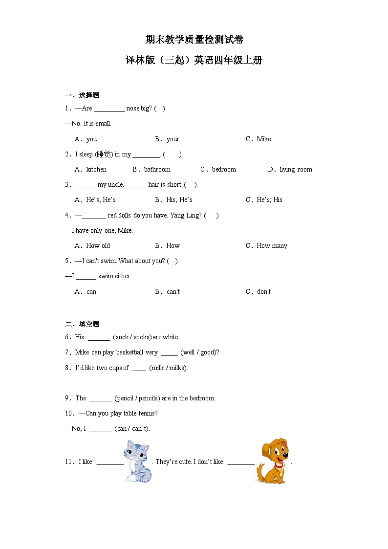 期末易错专题训练（试题）译林版（三起）英语四年级上册01