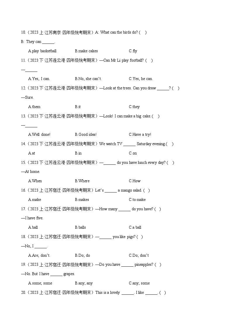 04+语法精选100题--2023-2024学年四年级英语上册期末真题汇编（译林版三起）02