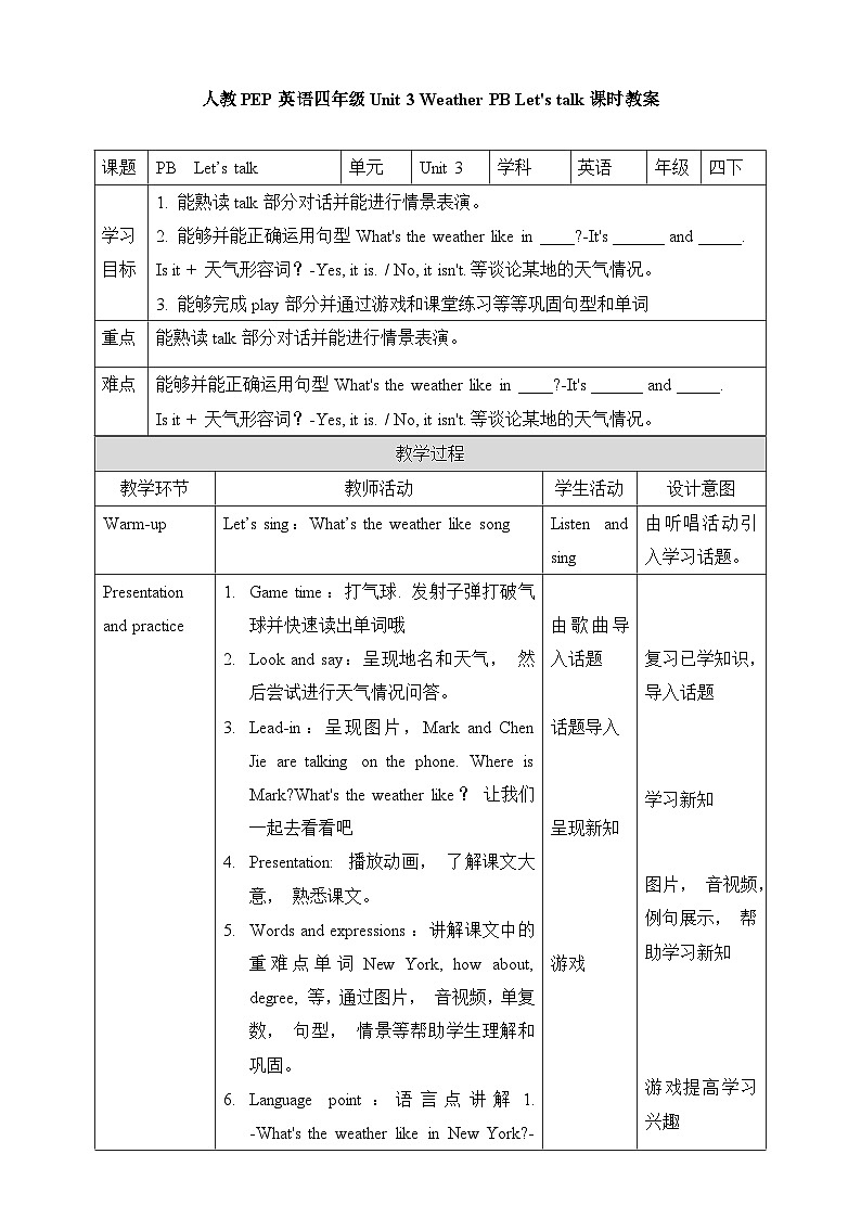 人教版PEP小学英语四年级下册Unit 3 Weather PB let's talk质课件+教案+练习+动画素材01