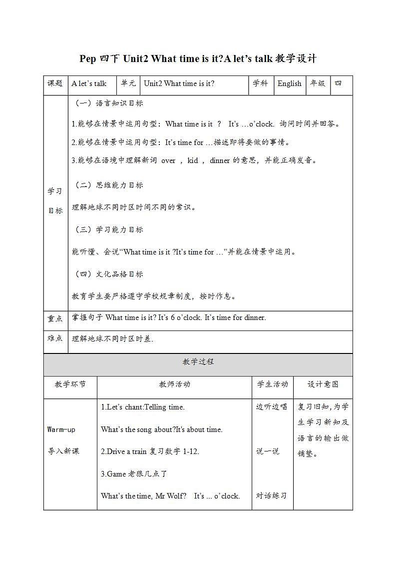 【核心素养】人教PEP版四年级下英语Unit 2 What time is it Part A  Let’s  talk （PPT课件+教案+习题）01