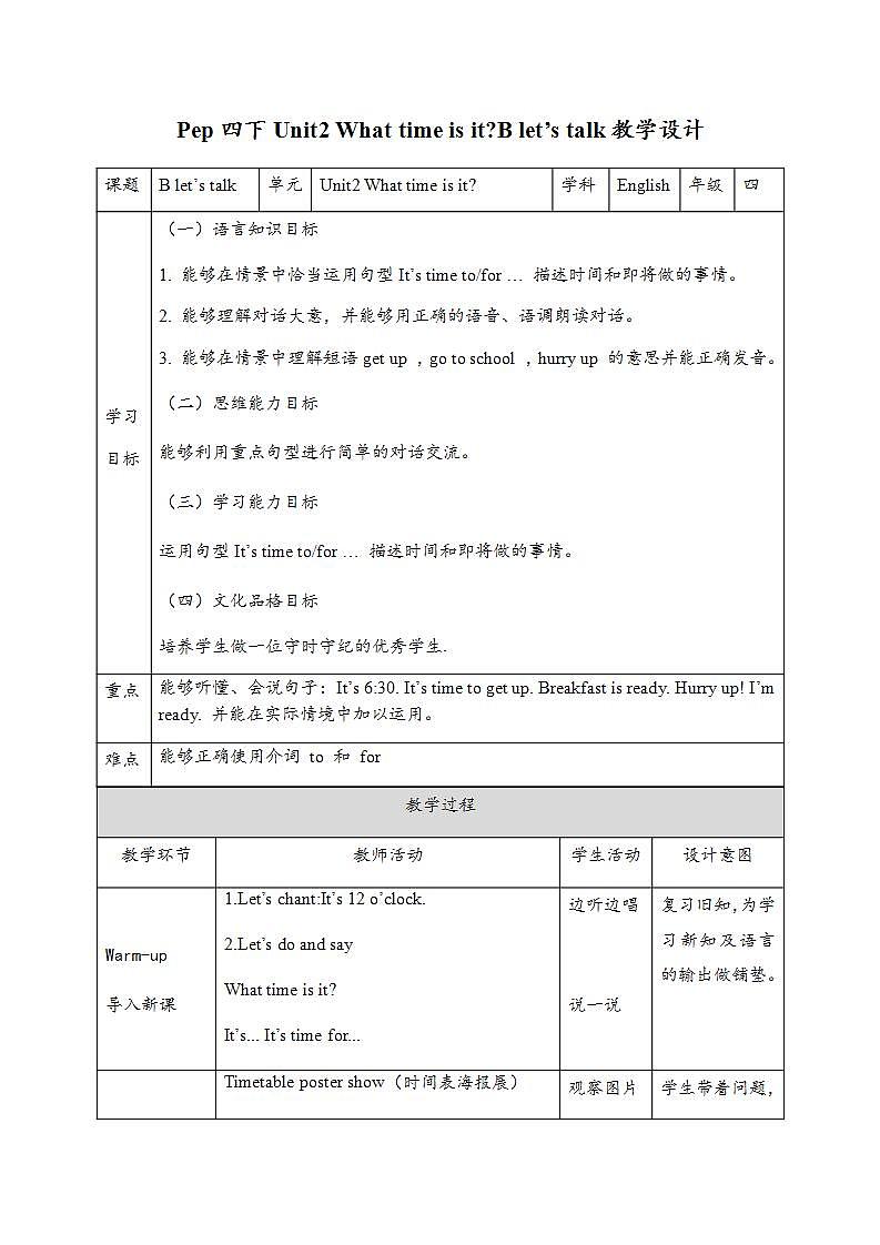 【核心素养】人教PEP版四年级下英语Unit 2 What time is it Part B  Let’s  talk （PPT课件+教案+习题）01