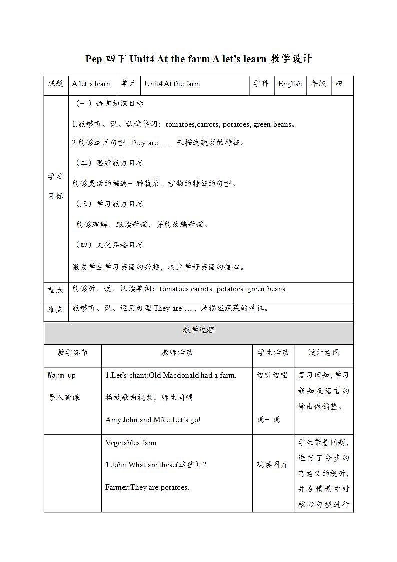 【核心素养】人教PEP版四年级下英语Unit 4 At the farm Part A Let’s learn （PPT课件+教案+习题）01