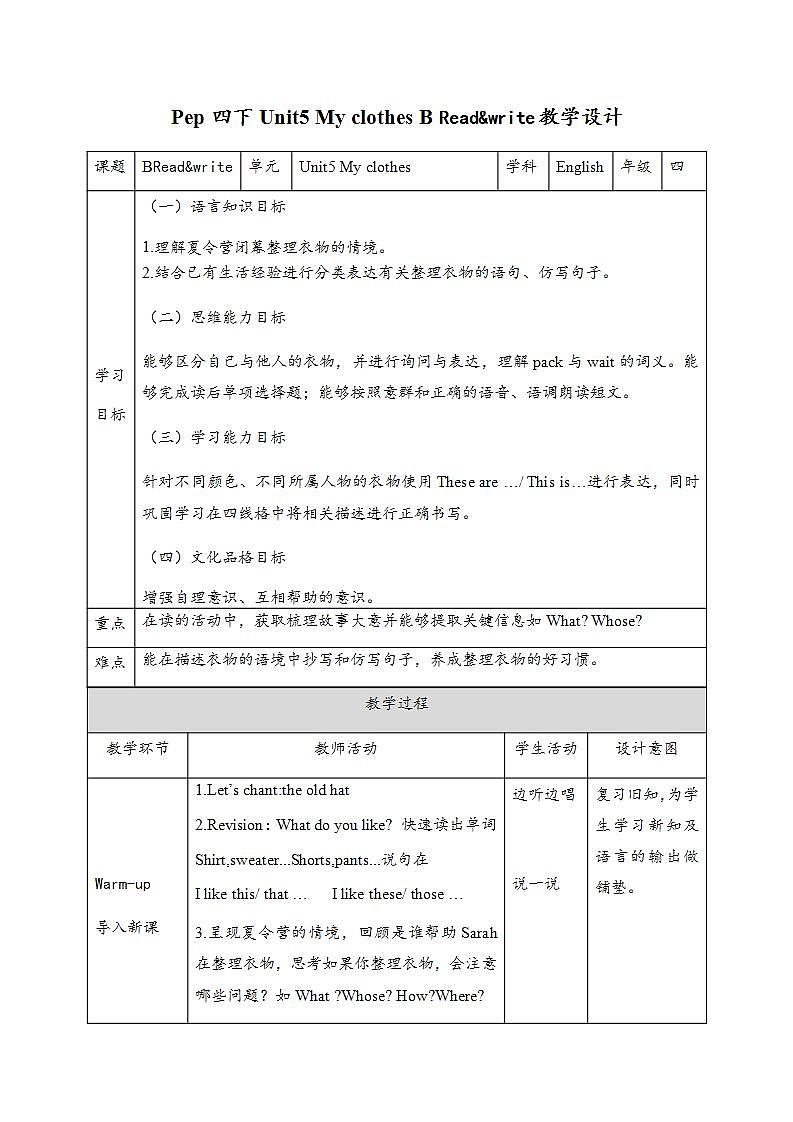 【核心素养】人教PEP版四年级下英语Unit 5  My clothes Part B Read & write（PPT课件+教案+习题）01