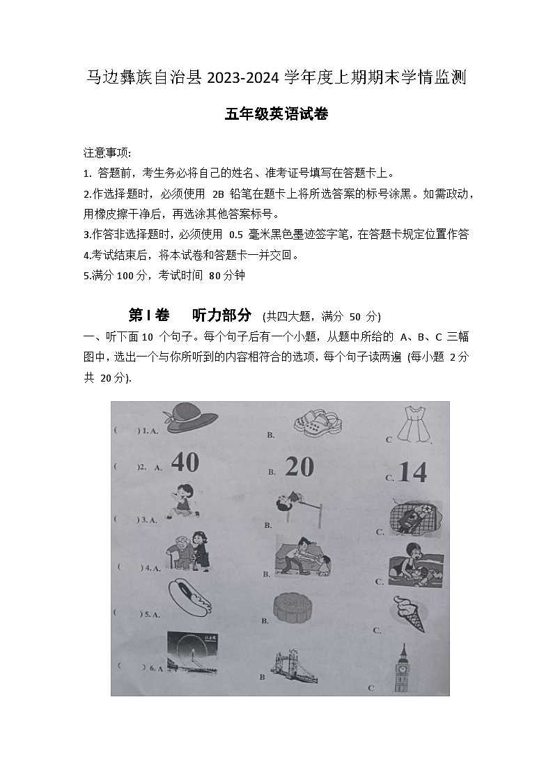 四川省乐山市马边彝族自治县2023-2024学年五年级上学期期末英语试题第1页