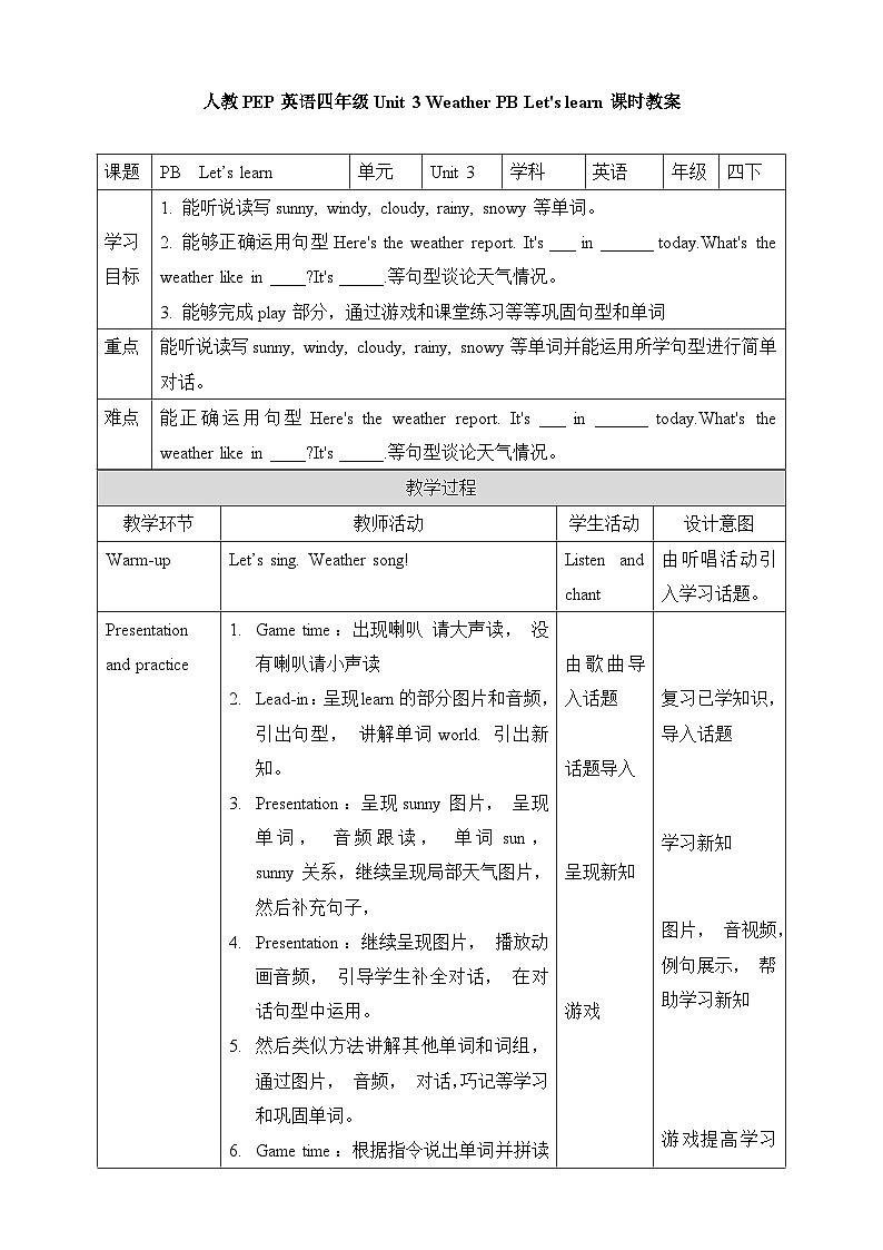 人教版PEP小学英语四年级下册Unit 3 Weather PB let's learn质课件+教案+练习+动画素材01