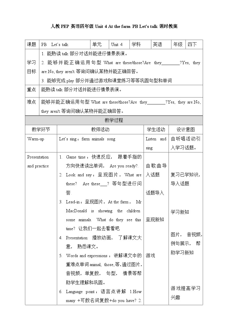 人教版PEP小学英语四年级下册Unit 4 At the farm PB let's talk质课件+教案+练习+动画素材01