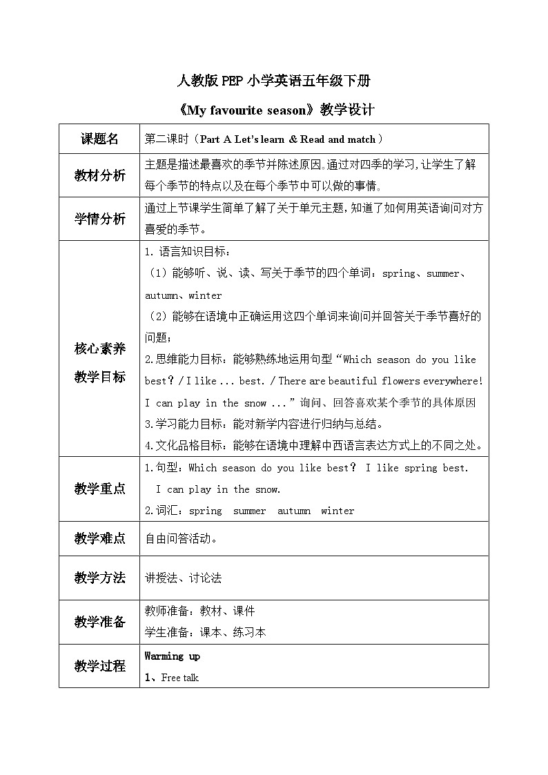 【核心素养】人教版PEP小学英语五年级下册 U2 My favourite season 第2课时PA Let's learn&Read and match  课件+教案+练习(含教学反思和答案)01