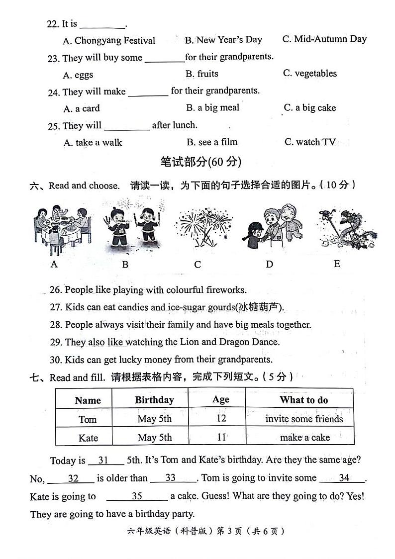 2023-2024学年河南省洛阳市六年级全市统考英语试卷（无答案）第3页