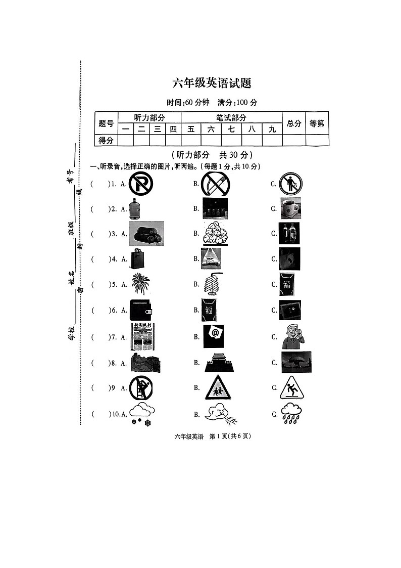 江苏省徐州市丰县2023-2024学年六年级上学期1月期末英语试题第1页