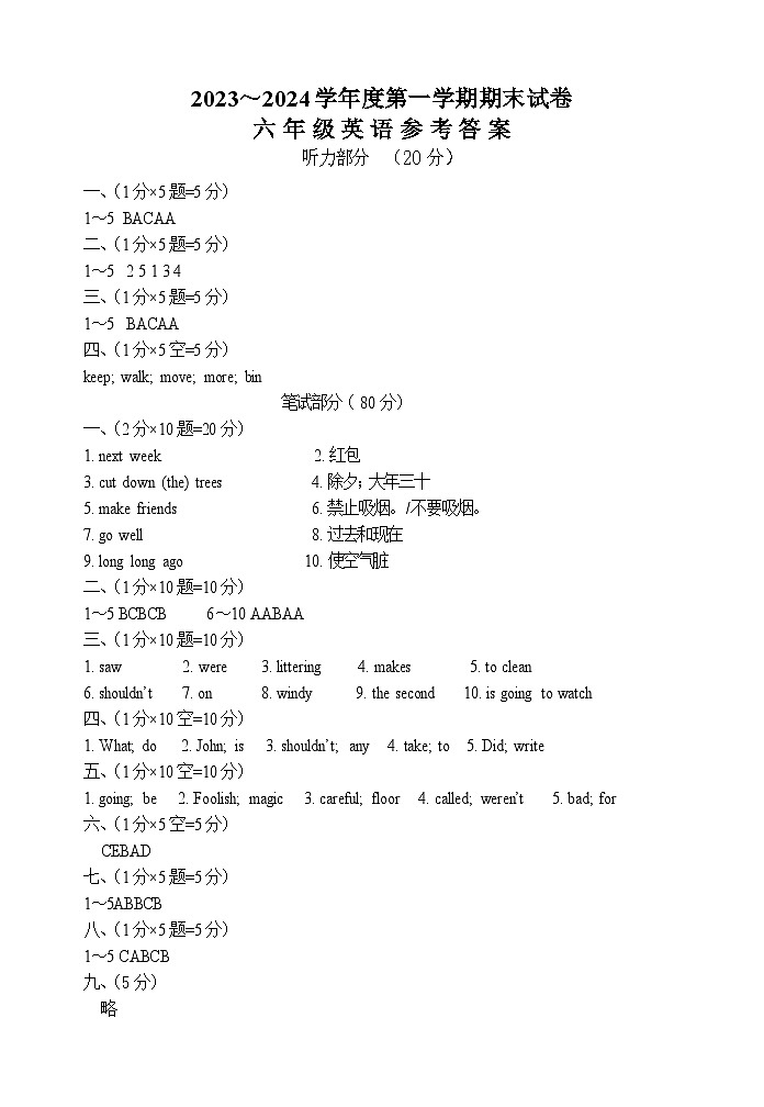 2024年1月22日六年级英语期末试卷答案第1页