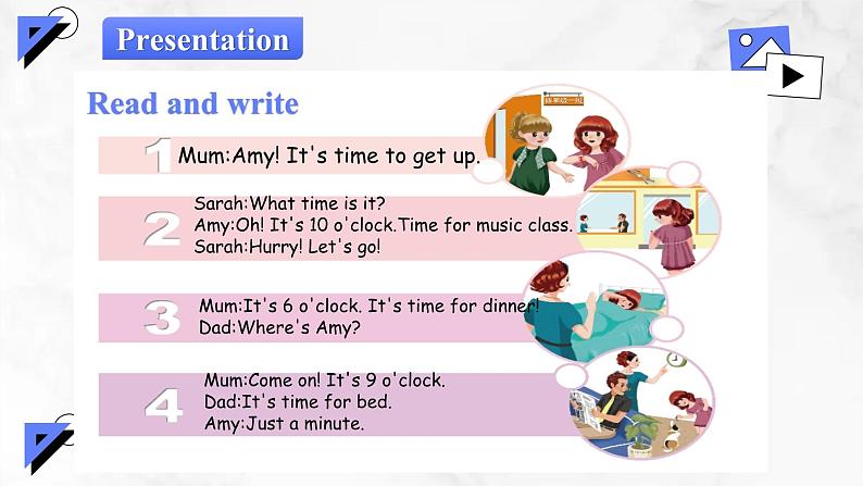 【核心素养】人教版PEP小学英语四年级下册 Unit 2《What time is it》PC 第六课时Read and write&let's check&story time课件+教案04