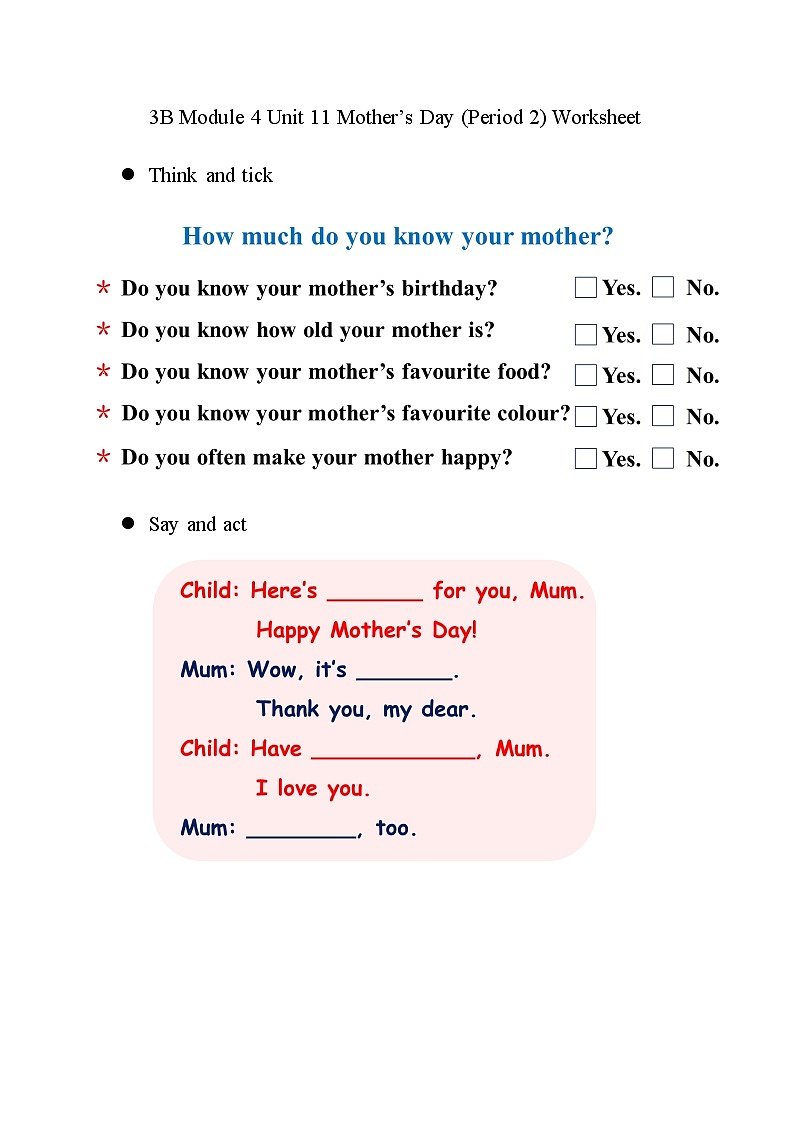 （广深）沪教牛津版六三制 3B Unit 11 Mother's Day Period 2 课件+教学设计01