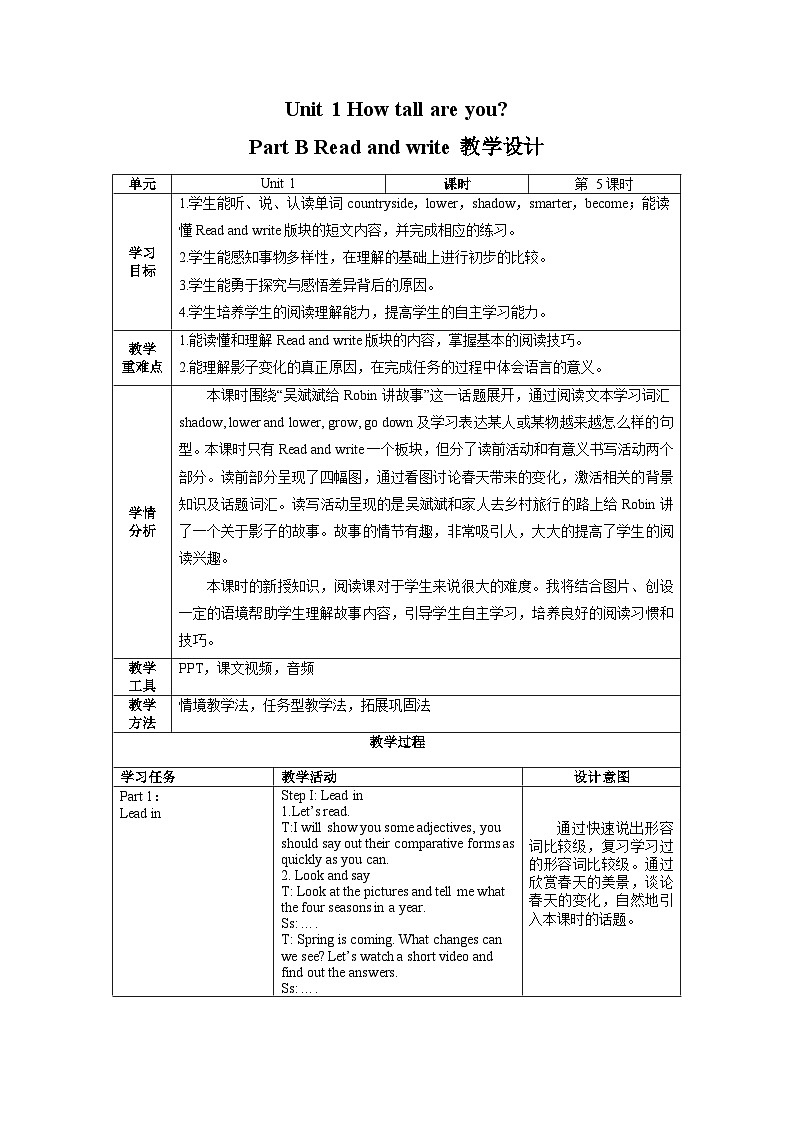 人教版PEP英语六下Unit1 第5课时Part B Read and write课件+教案+音视频（含教学反思）01