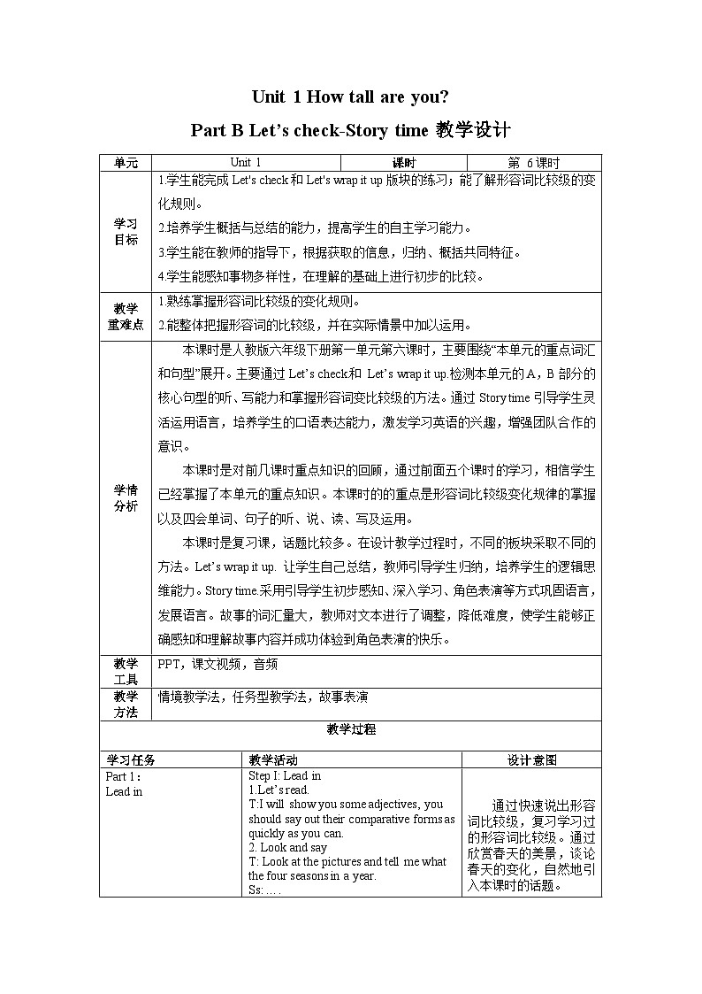 人教版PEP英语六下Unit1 第6课时Part B Let's check-Story time课件+教案+音视频（含教学反思）01