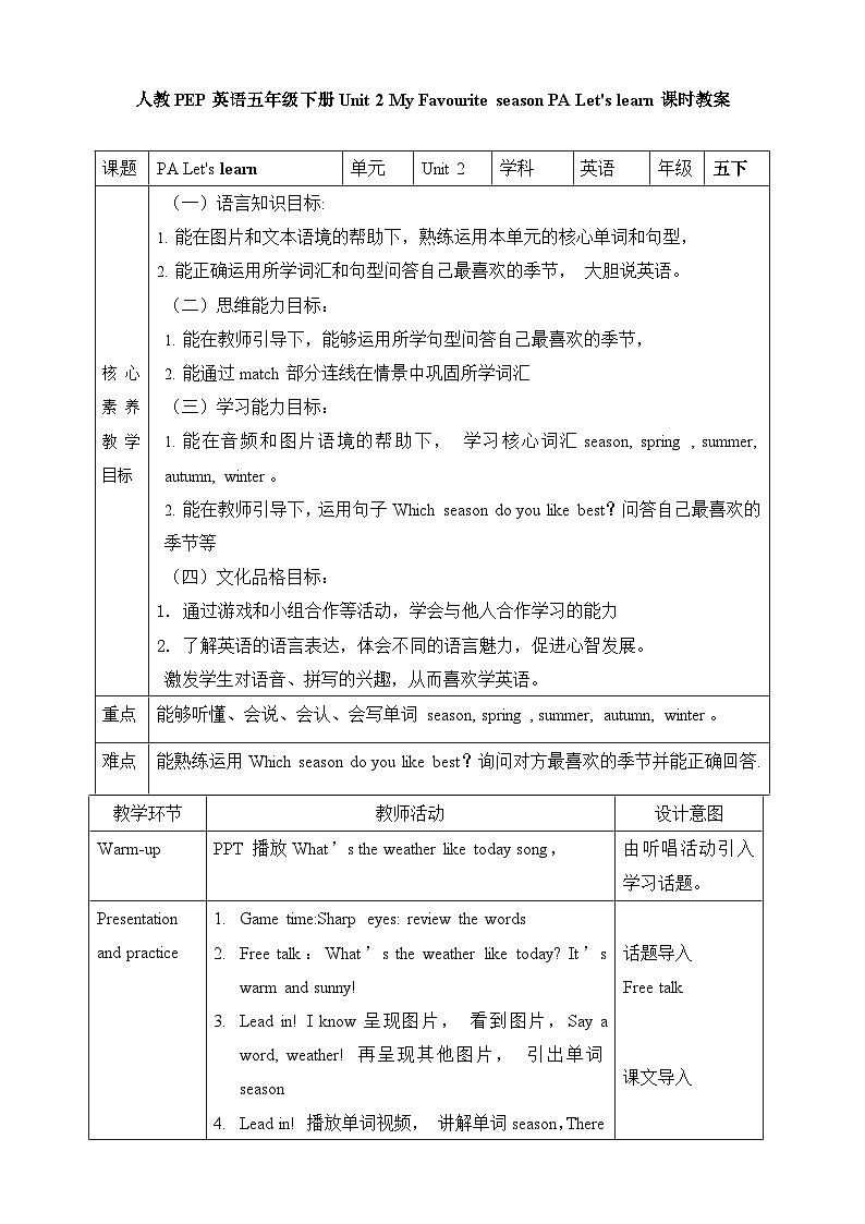 【素养达标】人教PEP版五年级下册-Unit 2 My favourite season PA let's learn（课件+教案+习题）01