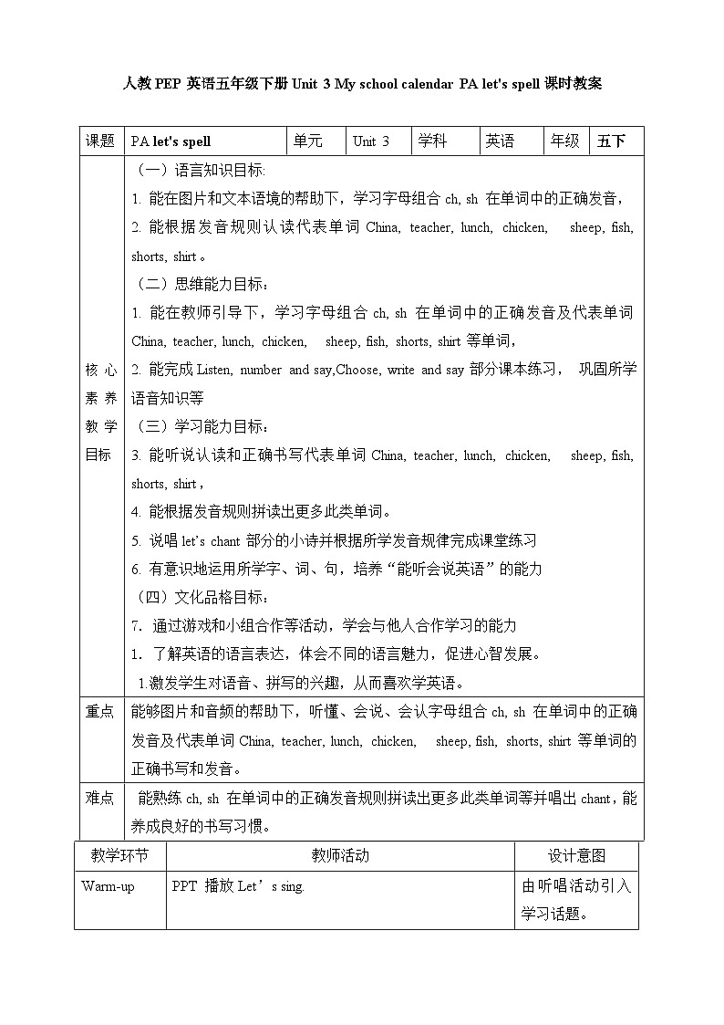 【素养达标】人教PEP版五年级下册-Unit 3 My school calendar PA let's spell（课件+教案+习题）01