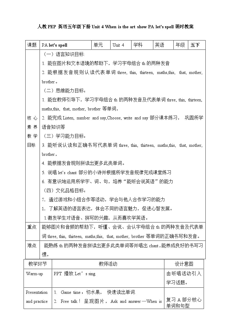 【素养达标】人教PEP版五年级下册-Unit 4 When is the art show PA let's spell（课件+教案+习题）01