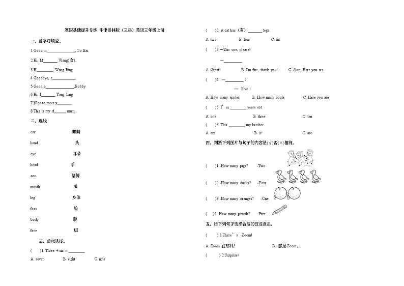 寒假基础提升专练 牛津译林版（三起）英语三年级上册第 (3)天第1页