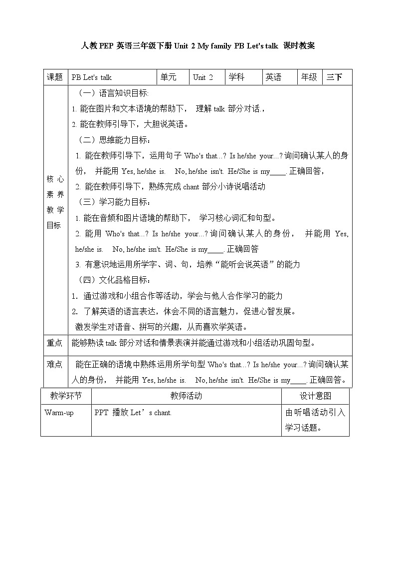 【素养达标】人教PEP版三年级下册-Unit 2 My family PB let's talk （课件+教案+习题）01