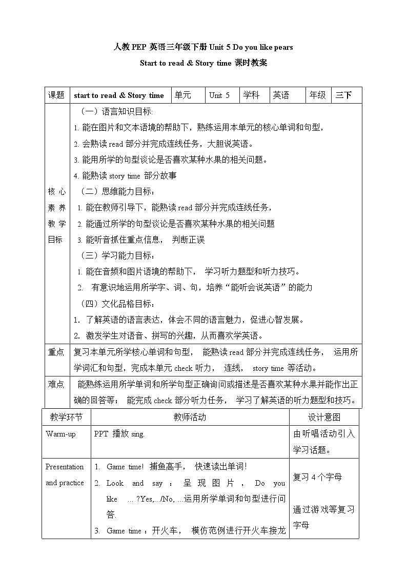 【素养达标】人教PEP版三年级下册-Unit 5 Do you like pears Start to read & Story time（课件+教案+习题）01