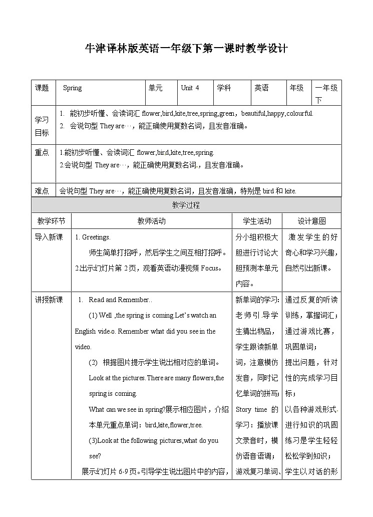 译林版 小学英语 一年级下册 英语教案-Unit 4 Spring  第一课时第1页
