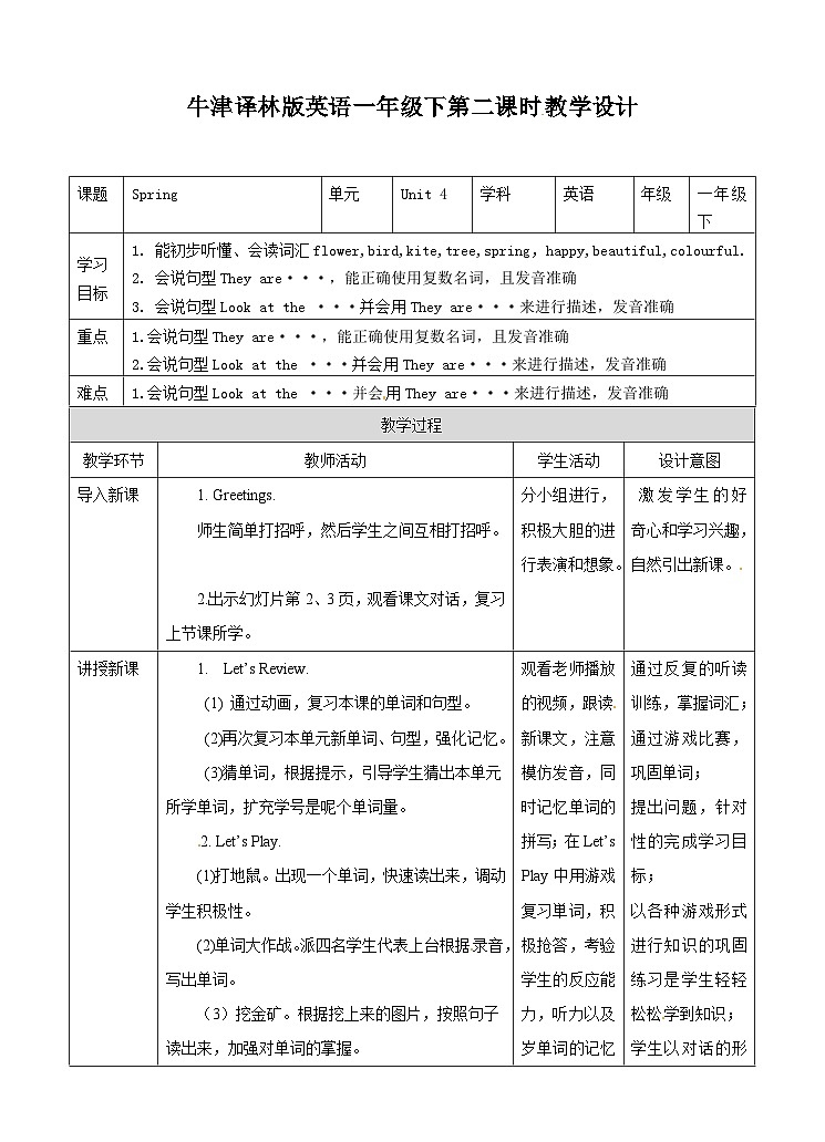 译林版 小学英语 一年级下册 英语教案-Unit 4 Spring  第二课时01