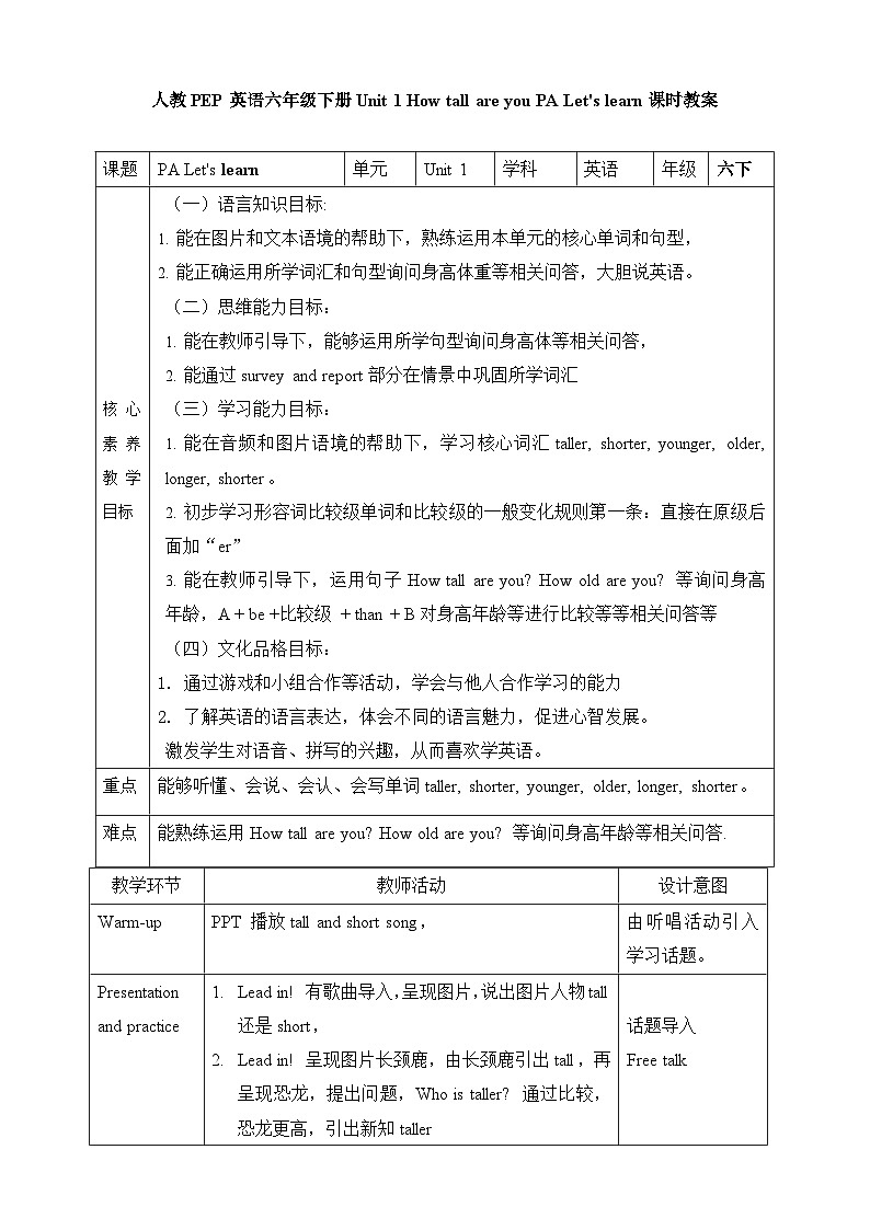 【素养达标】人教PEP版六年级下册-Unit 1 How tall are you PA let's learn（课件+教案+习题）01