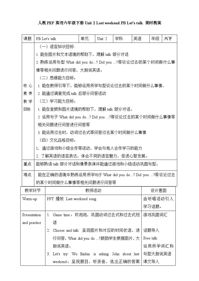 【素养达标】人教PEP版六年级下册-Unit 2 Last weekend PB let's talk（教学设计）第1页