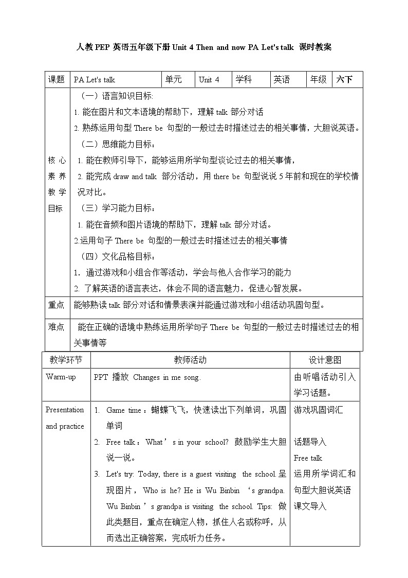 【素养达标】人教PEP版六年级下册-Unit 4 Then and now PA let's talk（课件+教案+习题）01