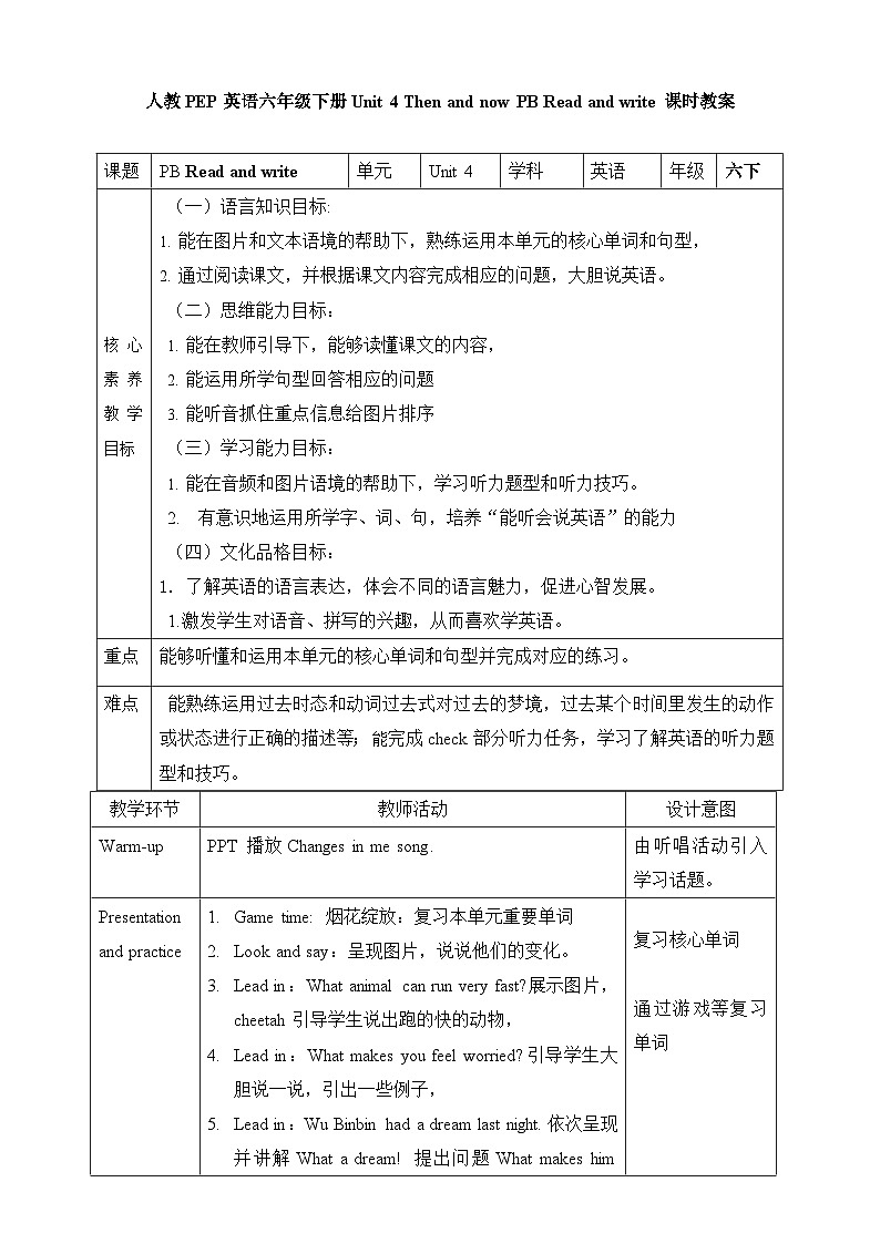 【素养达标】人教PEP版六年级下册-Unit 4 Then and now PB Read and write（课件+教案+习题）01